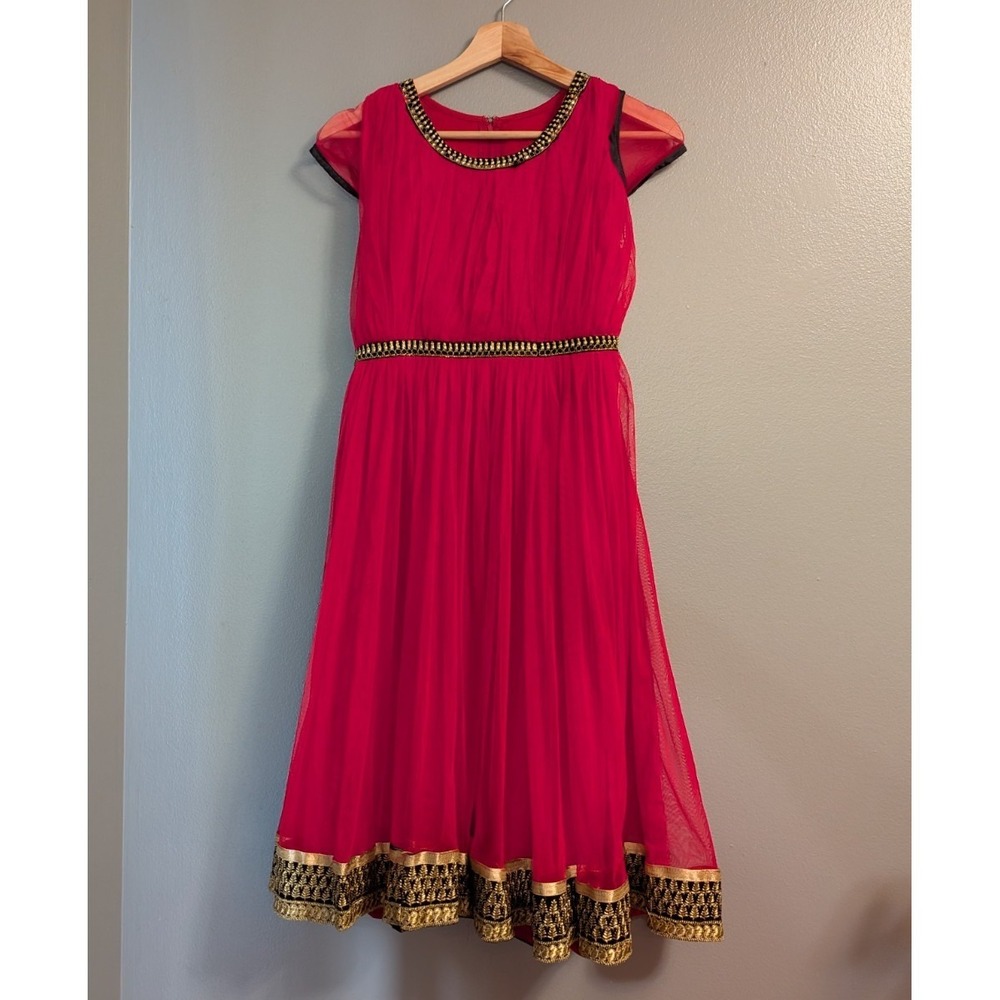 Red Anarkali Indian Dress Womens Party Wear Gold Trim Bollywood Style Sz Small